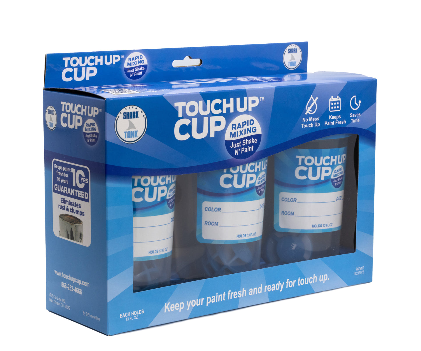 Touch Up™ Cup | Three Pack includes: Three of our 13oz paint containers with lids that are perfect to store paint for all your touch-up needs without compromising storage space. Our clear plastic containers with lids allow you to see the paint color in addition to writing the important details on the included label. Patented Blending Sphere eliminates the need for a stir stick and prevents rusting and clumping. Just Shake and Paint! Lab Tested to keep paint fresh for 10+ years.