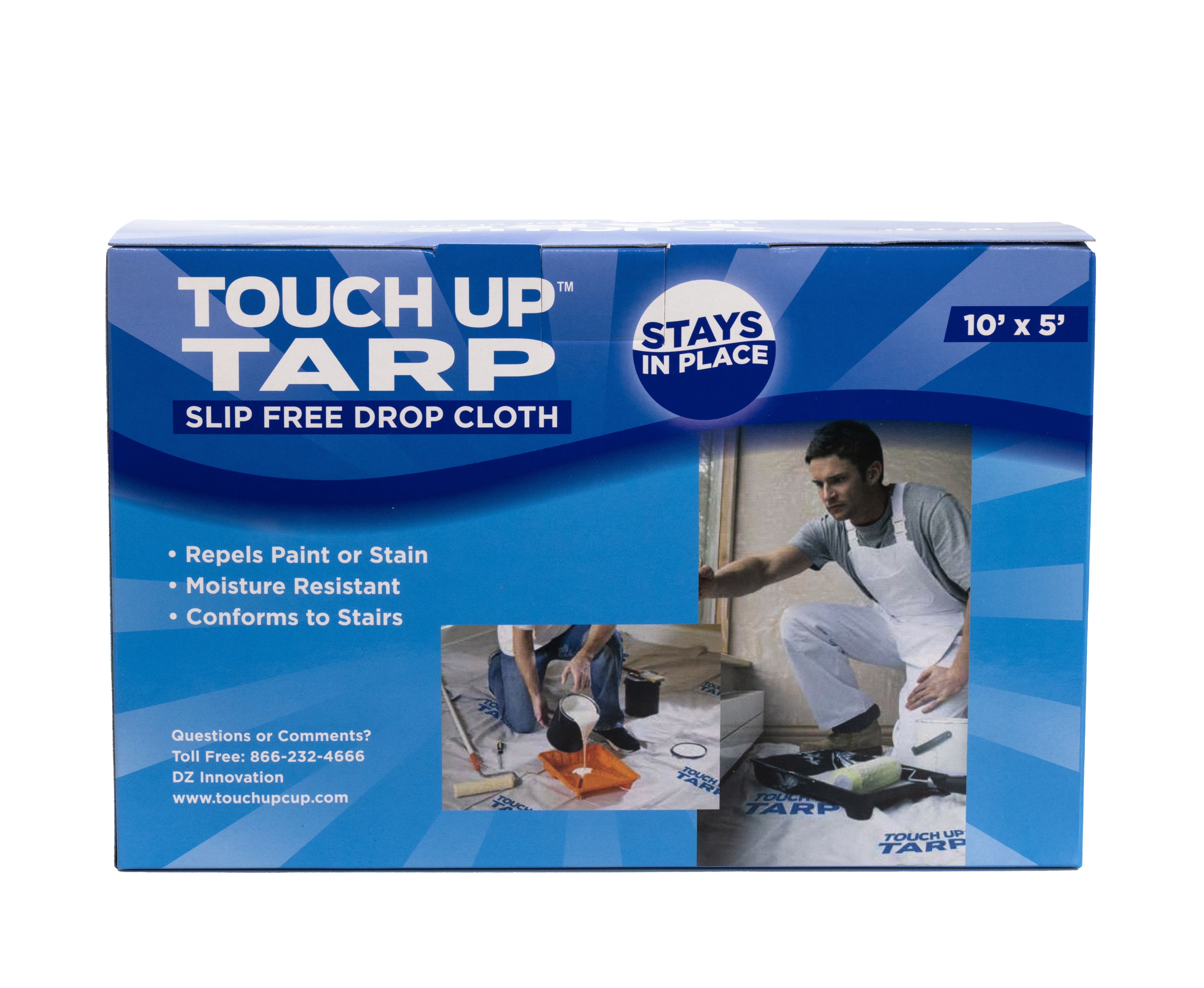 Our Touch Up™ Tarp is a reusable anti-slip painters tarp that adheres to all types of flooring and is impermeable to paints or other liquids. This unique drop cloth for painting offers unmatched protection for your floors, baseboards, and furniture; and as always...FREE SHIPPING! 10’ x 5’ painters tarp made with a unique anti-slip material to stay in place on all surfaces. Lightweight and user-friendly, our Touch Up™ Tarp is washable and reusable, outperforming single-use plastic drop cloths for painting.
