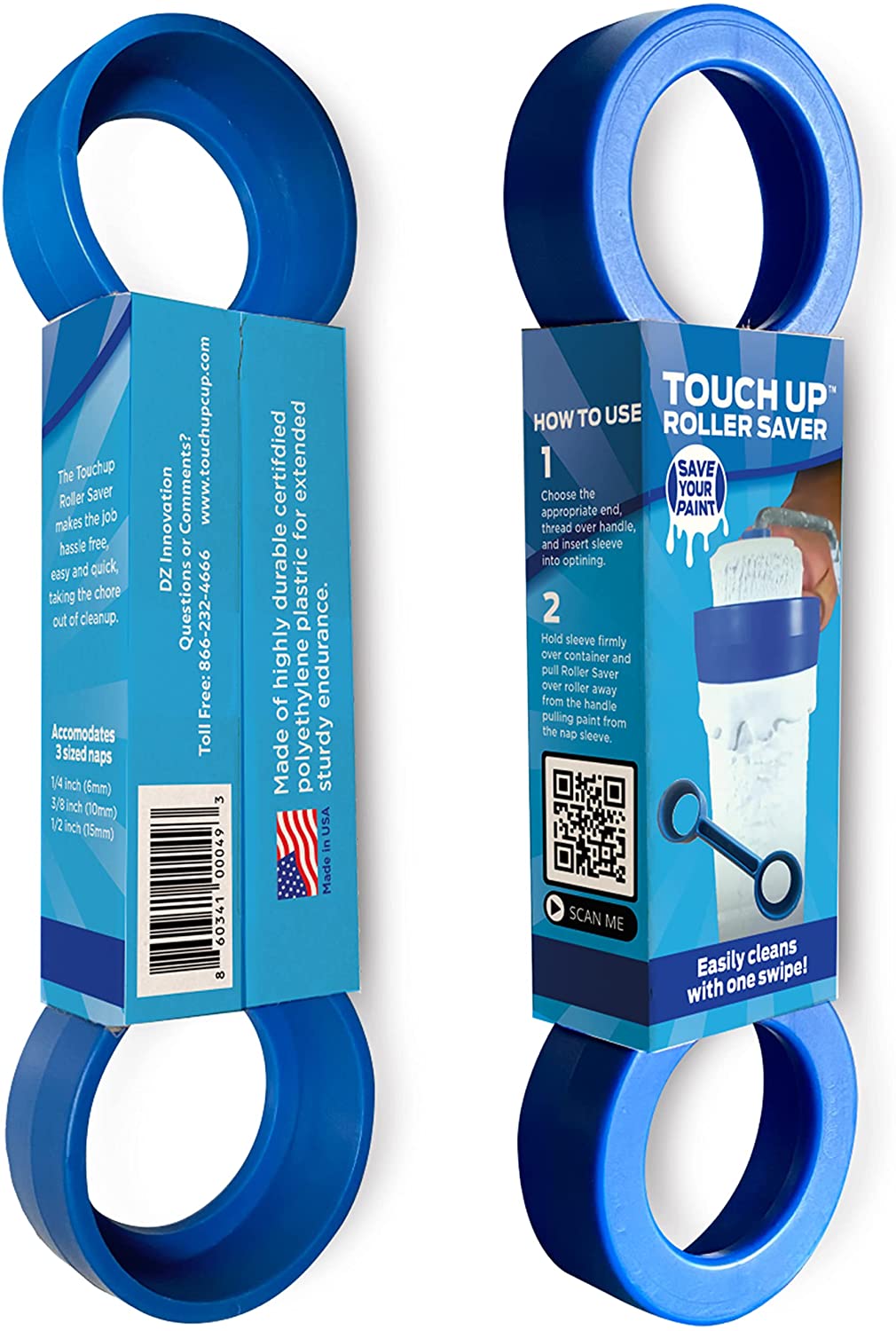 Our Touch Up Roller Saver for cleaning paint rollers with just one swipe!  Perfect for both DIY and Professional painters, this painting tool is a must-have addition to your house painting supplies.  Simply run it down your paint roller sleeve and squeeze out the leftover paint in one swipe...and as always, FREE SHIPPING!  Roller Saver paint remover tool cleans roller sleeves in just one swipe!  For use on ¼ inch (6mm), 3/8 inch (10mm), and ½ inch (15mm) nap sizes. The most efficient paint roller cleaner to