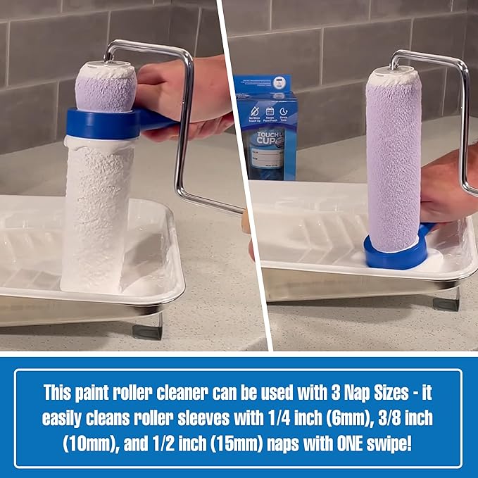 This paint roller cleaner can be used with 3 nap sizes - it easily cleans roller sleeves with 1/4 inch (6mm), 3/8 inch (10mm), and 1/2 inch (15mm) naps with one swipe!