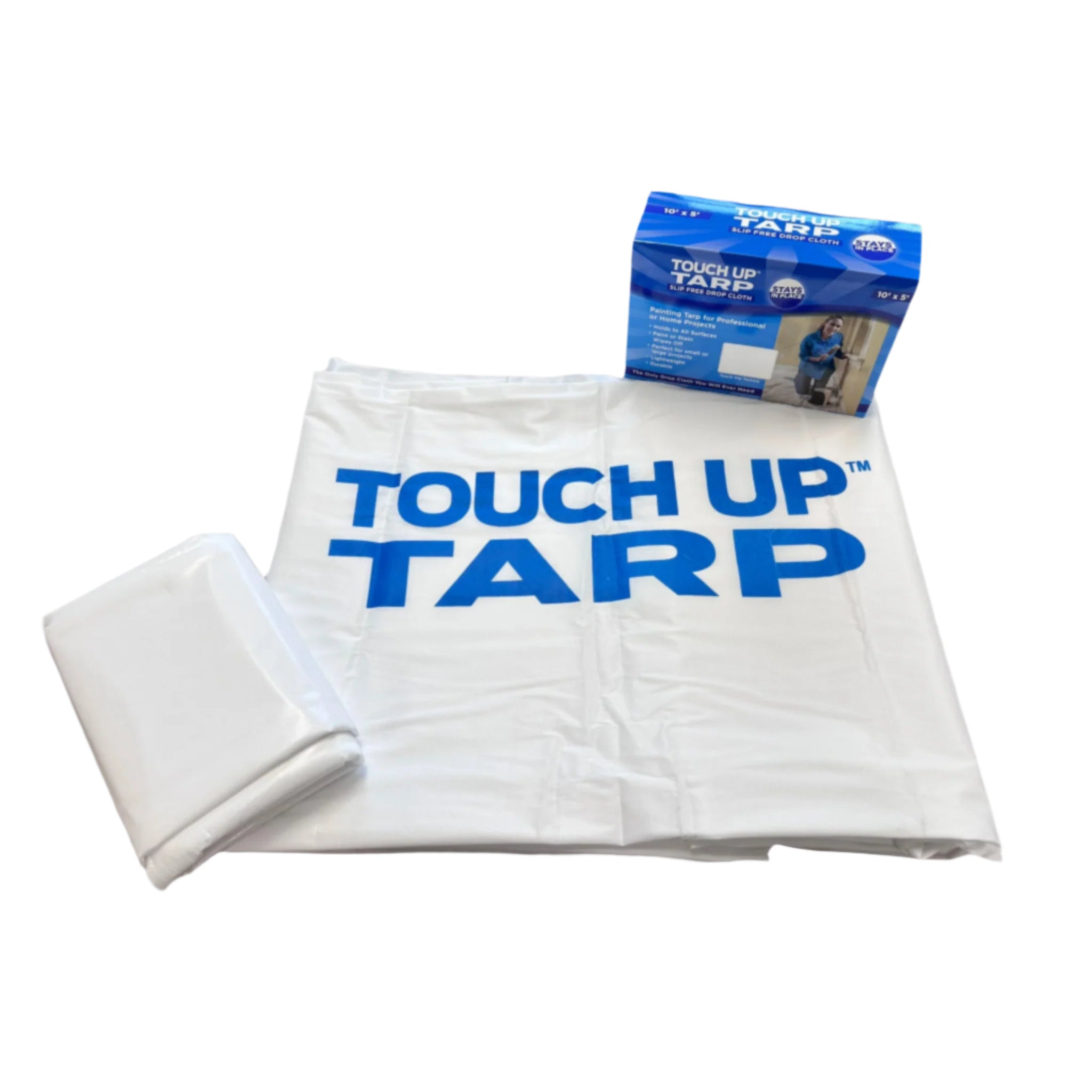 Painting tarp showing Touch Up Tarp logo alongside a Touch Up Tarp inside its box packaging.