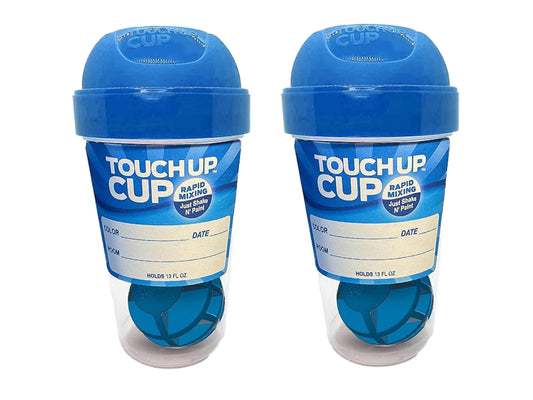 Touch Up™ Cup | Two Pack includes:  Two of our 13oz paint containers with lids that are perfect to store paint for all your touch-up needs without compromising storage space. Our clear plastic containers with lids allow you to see the paint color in addition to writing the important details on the included label. Patented Blending Sphere eliminates the need for a stir stick and prevents rusting and clumping.  Just Shake and Paint!