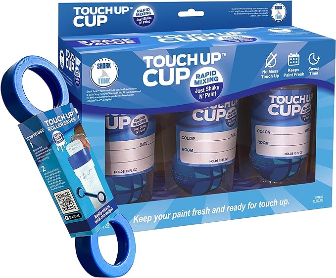 Bundle and Save!!  With the Touch Up™ Cup and Roller Saver Combo you get ONE of our paint-saving Touch Up™ Cup 3-Packs and ONE Touch Up™ Roller Saver. Save 10% OFF the full price and FREE SHIPPING!  Touch Up™ Cup and Roller Saver Combo includes:  1 Touch Up™ Cup 3-Pack:   Three of our 13oz paint containers with lids that are perfect to store paint for all your touch-up needs without compromising storage space. Our clear plastic containers with lids allow you to see the paint color in addition to writing the