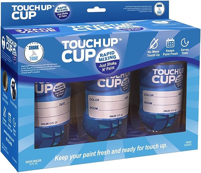 Touch Up™ Cup | Three Pack includes:  Three of our 13oz paint containers with lids that are perfect to store paint for all your touch-up needs without compromising storage space. Our clear plastic containers with lids allow you to see the paint color in addition to writing the important details on the included label. Patented Blending Sphere eliminates the need for a stir stick and prevents rusting and clumping.  Just Shake and Paint! Lab Tested to keep paint fresh for 10+ years.