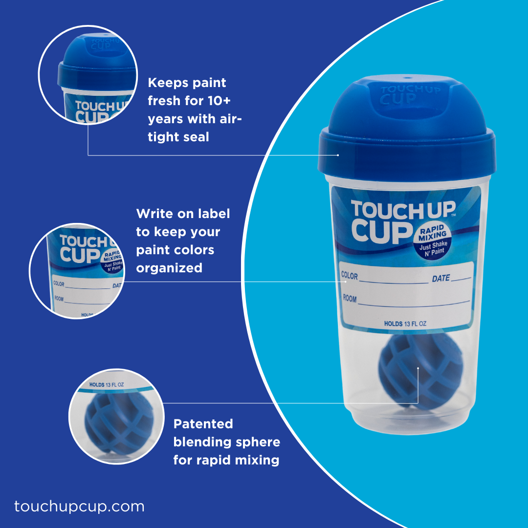 1. touch up cup keeps paint fresh for 10+ years with air-tight seal 2. write on label to keep your pain colors organized 3. Patented blending sphere for rapid mixing