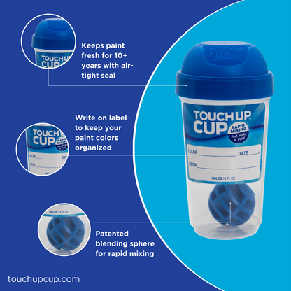 1. touch up cup keeps paint fresh for 10+ years with air-tight seal 2. write on label to keep your pain colors organized 3. Patented blending sphere for rapid mixing