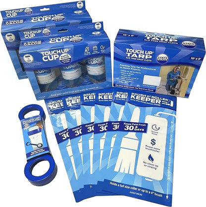 With the Touch Up™ Paint Saver Combo you get TWO of our paint-saving Touch Up™ Cup 3-Packs, ONE Touch Up™ Tarp, ONE Roller Saver, and ONE Brush n’ Roller Keeper 6-Pack.