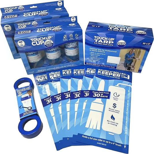 With the Touch Up™ Paint Saver Combo you get TWO of our paint-saving Touch Up™ Cup 3-Packs, ONE Touch Up™ Tarp, ONE Roller Saver, and ONE Brush n’ Roller Keeper 6-Pack.