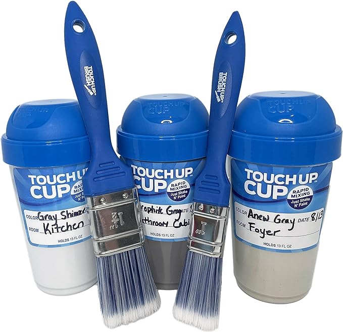 1 Touch Up™ Cup 3-Pack:    Three of our 13oz paint containers with lids that are perfect to store paint for all your touch-up needs without compromising storage space. Our clear plastic containers with lids allow you to see the paint color in addition to writing the important details on the included label. Patented Blending Sphere eliminates the need for a stir stick.  Just Shake And Paint! 1 Touch Up™ Brush 2-Pack:    One 1-inch and one 1.5-inch high-quality paint brushes set