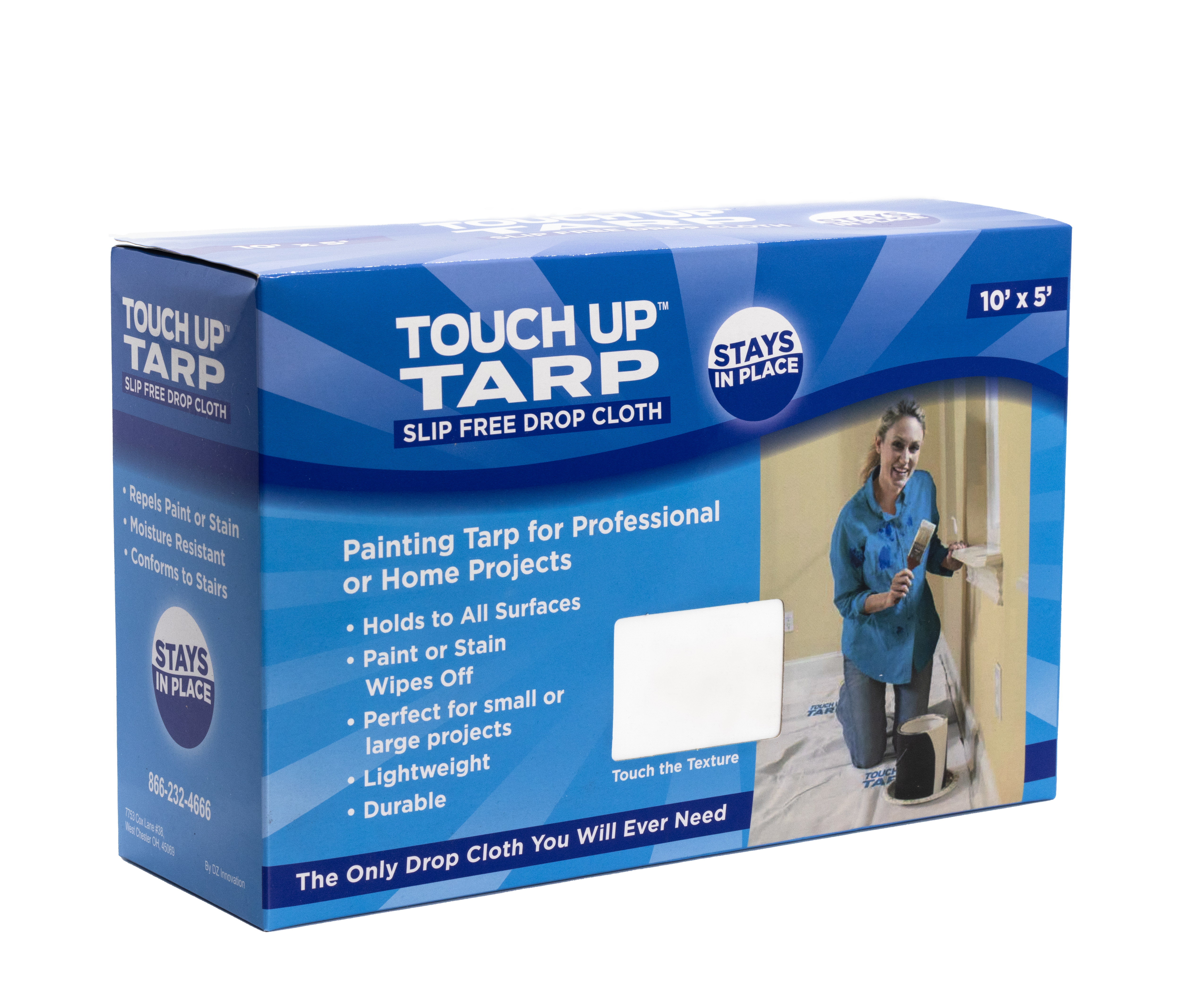 10’ x 5’ painters tarp made with a unique anti-slip material to stay in place on all surfaces. Lightweight and user-friendly, our Touch Up™ Tarp is washable and reusable, outperforming single-use plastic drop cloths for painting. This drop cloth for painting stands out as essential for your house painting supplies.