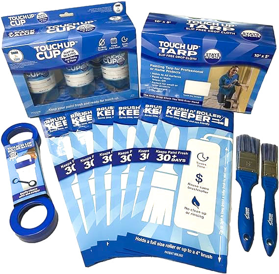 Touch Up™ Ultimate Combo you get ONE of our paint-saving Touch Up™ Cup 3-Packs, ONE Touch Up™ Tarp, ONE Roller Saver, and ONE Brush n’ Roller Keeper 6-Pack, and ONE Touch Up™ Brush 2-Pack.