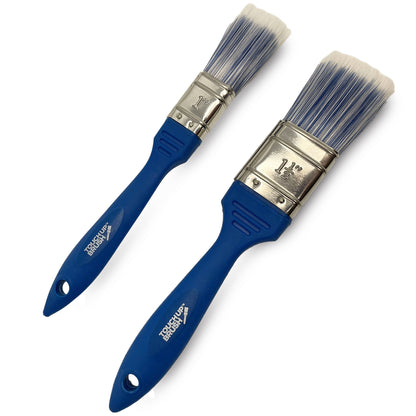 One 1-inch and one 1.5-inch high-quality paint brushes set, perfect for use as a wall paint brush, trim paint brush, or edging paint brush. Made with a Premium Polyester Filament, these brushes are superior painting tools that offer a smooth, flawless finish with every stroke. Soft, rubber-grip dovetail handle is lightweight and comfortable to hold and use.  These professional paint brushes are perfect for both pro’s and DIYers alike!